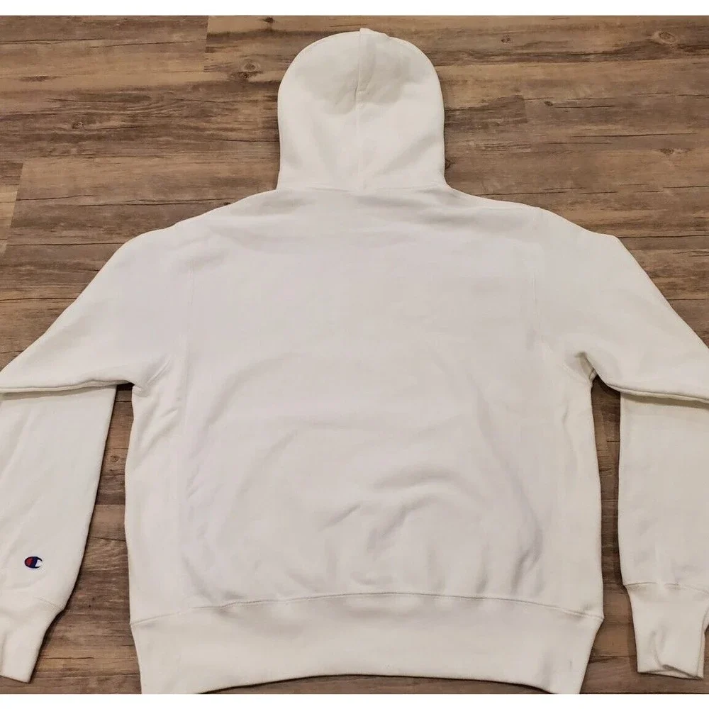 CHAMPION Spellout Logo Reverse Weave Pullover Sweatshirt Hoodie White Blue Sz M